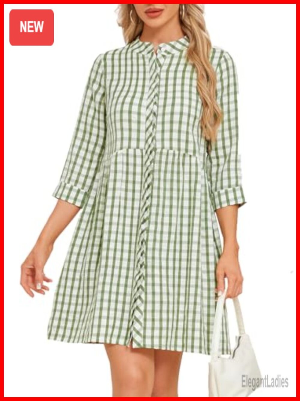 Women's Gingham Button Down Mini Dress 3/4 Sleeve Plaid Tunic